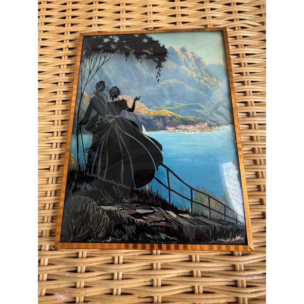 Vintage 40's Reverse Painted Silhouette Victorian Couple Mountain scene Picture - Picture 1 of 9